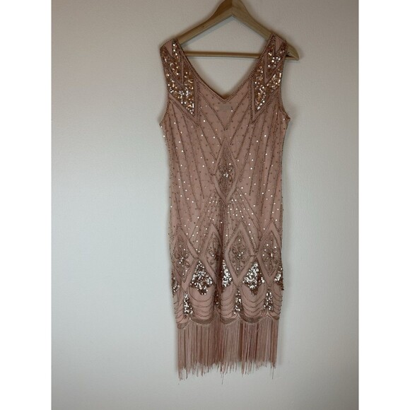 Women's Flapper Dress Vintage Style Beaded Fringe Great Gatsby Blush Size L - Picture 3 of 3